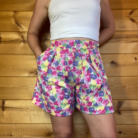 Vintage floral multicolor pleated 80s 90s shorts Bermuda retro mom high waisted - Picture 9 of 9